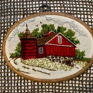 Vintage Rustic Red Barn Farmhouse Crewel Embroidery Artwork Wall Art